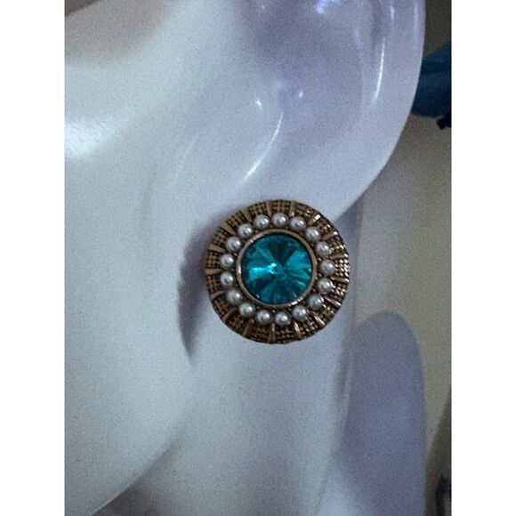 Silver-Tone Blue Rhinestones Faux Pearl Stud Earrings NWOT 1.3/4" - Picture 3 of 4